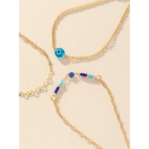 3 Pieces/Set Blue Evil Eye Ankle Bracelets Women Beach Vacation Style - Picture 2 of 3